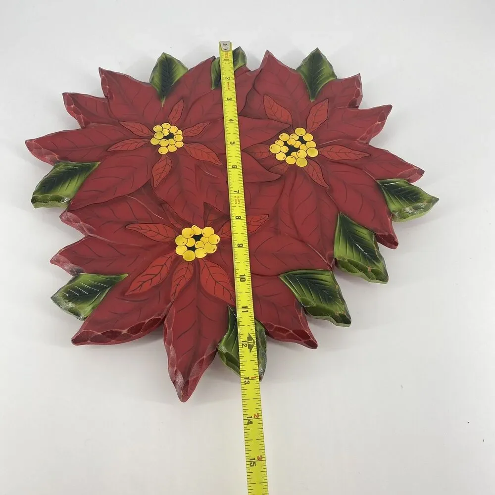 Collections Etc. 14” Poinsettia Christmas Lazy Susan Wood Turntable Holiday
